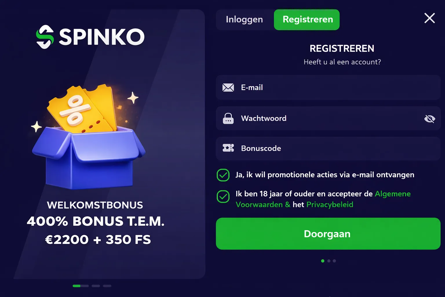 spinko casino login scherm
